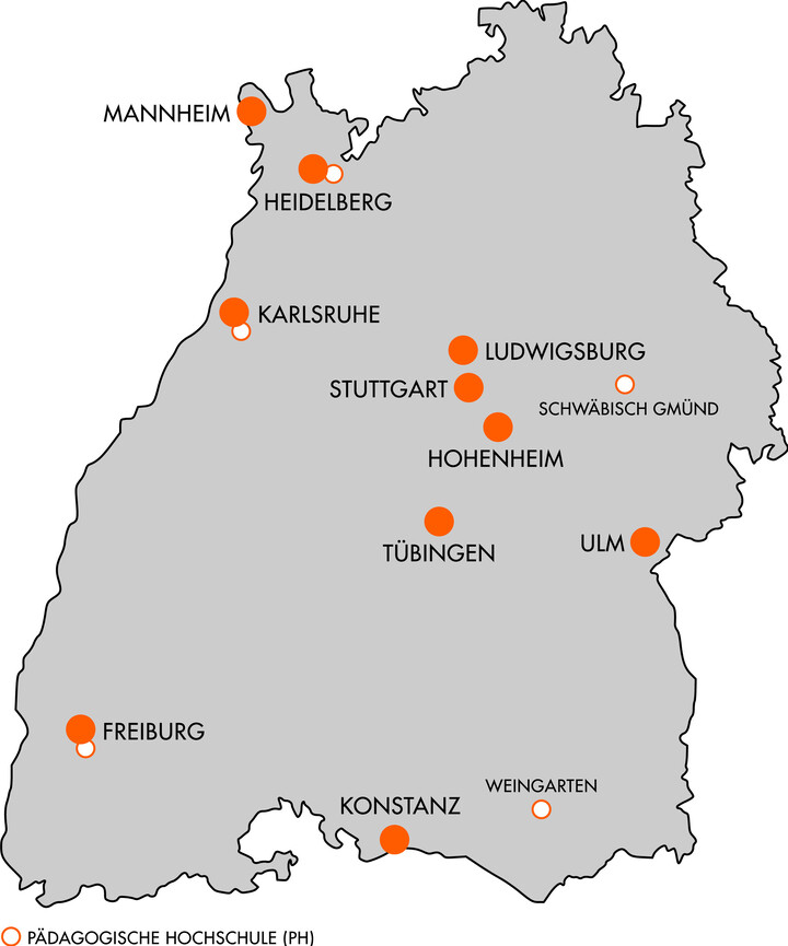 Grafik des Verbunds des Hochschuldidkatikzetrums Baden-Württemberg mit allen eingetragenen Hochschulstandorten des Verbunds