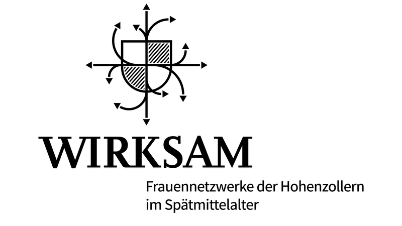 Symbol des Ausstellungsprojektes Wirksam mit einem gevierten Wappenschild und davon in verschiedene Richtung abgehenden Pfeilen