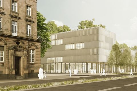 Im Vordergrund der Visualisierung führt die breite Bismarckstraße an den Gebäuden vorbei. Links steht das Amtsgericht. Daneben sind vier gläserne Gebäude platziert. Zudem wurden weiße Umrisse von Studierenden eingezeichnet.