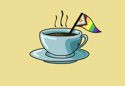 In der Mitte des Bildes steht eine hellblaue Teetasse auf einer Untertasse, gefüllt mit dampfendem Kaffee oder Tee, vor einem gelben Hintergrund. Eine kleine Fahne ist in der Tasse platziert. Es ist die Intersex Inclusive Pride Flag, die alle Aspekte unserer Gemeinschaft wiederspiegelt.