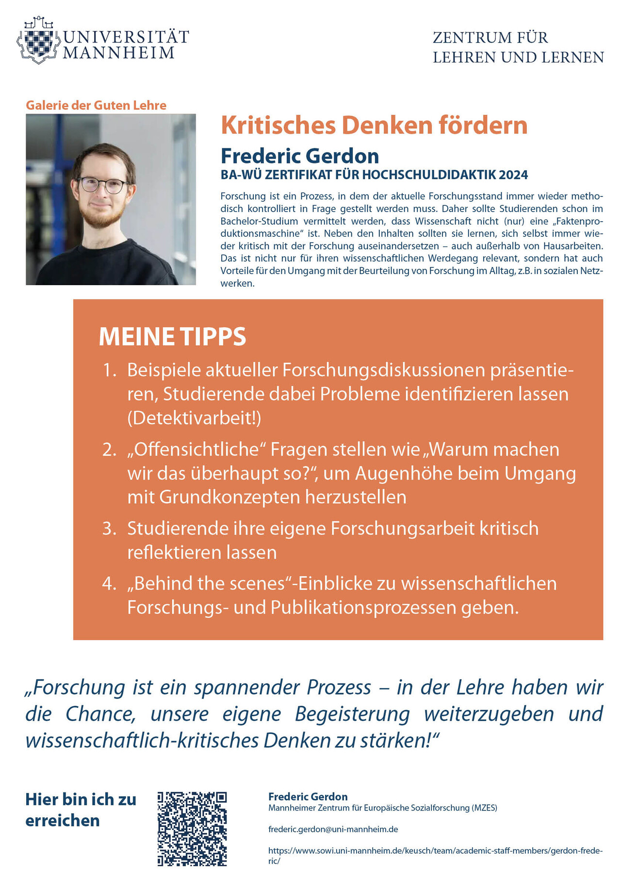 Poster der Galerie der Guten Lehre 2025 von Frederic Gerdon zum Thema "Kritisches Denken fördern"