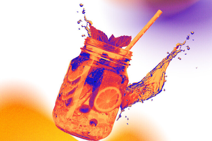 Eine Grafik von einem Glas mit Getränk und Orange vor einem bunten Hintergrund.