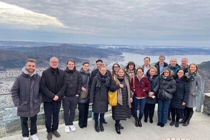 Eine Gruppe von Menschen steht auf einer Aussichtsplattform. Im Hintergrund sind Berge.