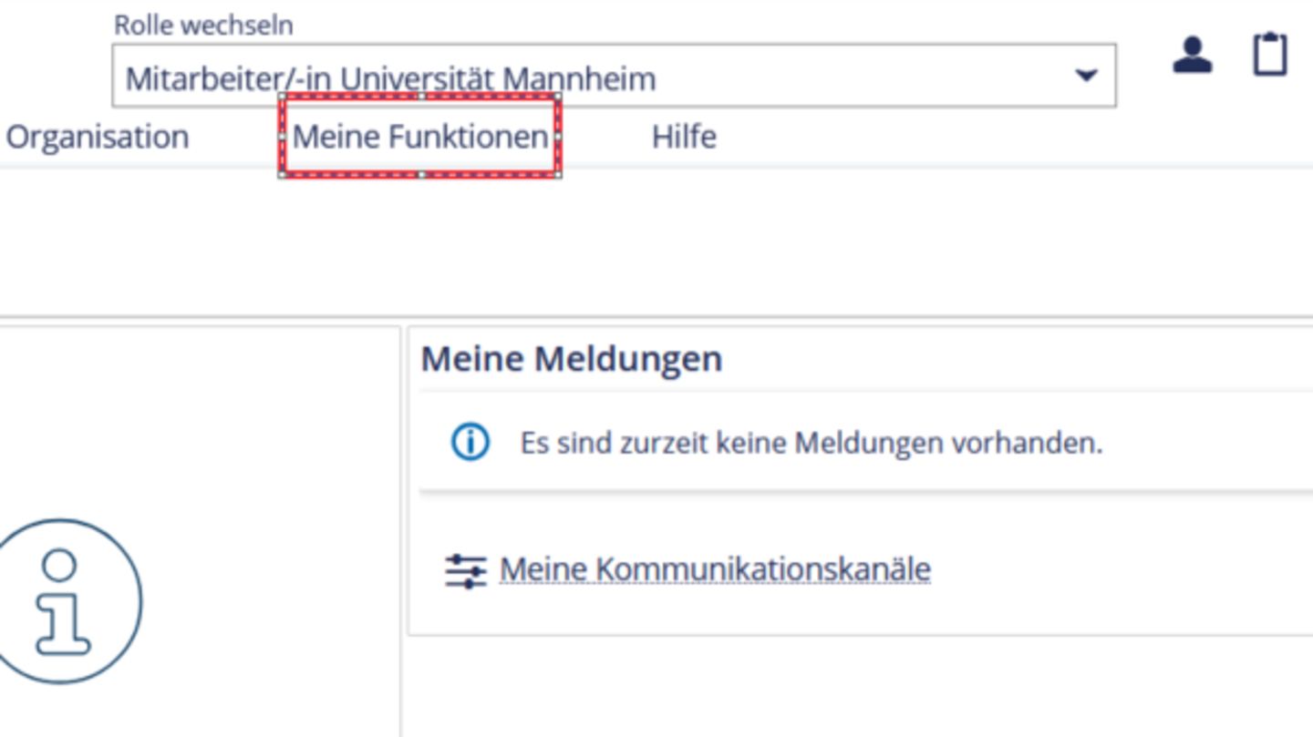 Ein Screenshot von der Webseite Portal² auf dem die Startseite zu sehen ist und Reiter "Meine Funktionen" mit einem roten Kästchen umrandet ist.