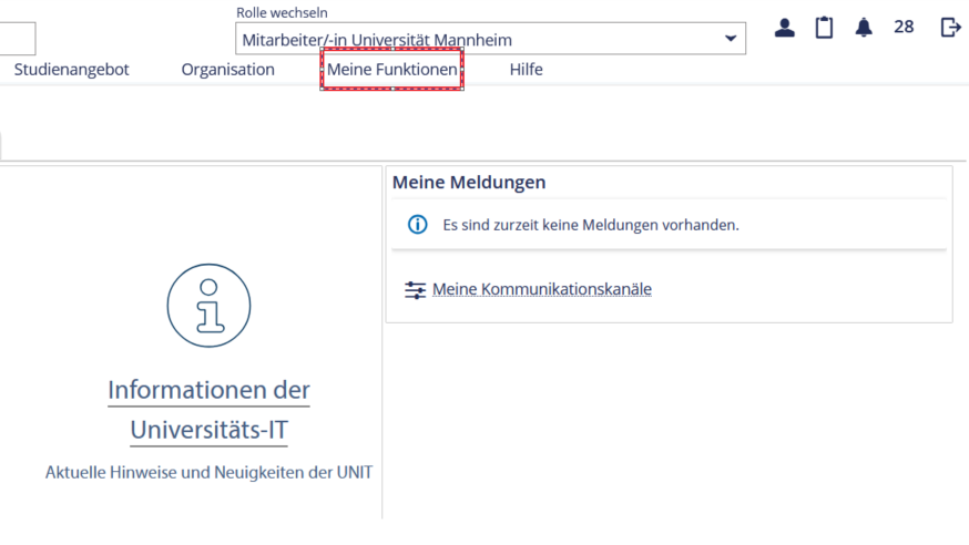 Ein Screenshot von der Webseite Portal² auf dem die Startseite zu sehen ist und Reiter "Meine Funktionen" mit einem roten Kästchen umrandet ist.