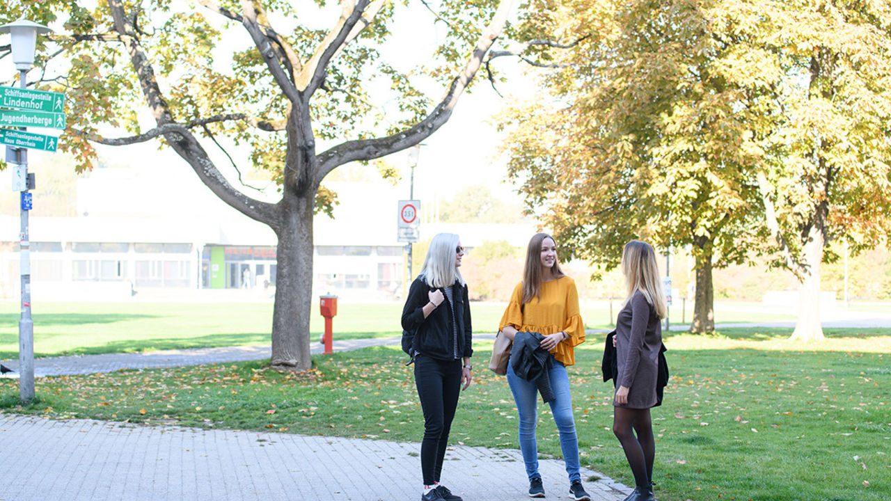 Drei Studentinnen unterhalten sich an der Mensawiese vor der Mensa. Die Bäume leuchten in der Herbstsonne.