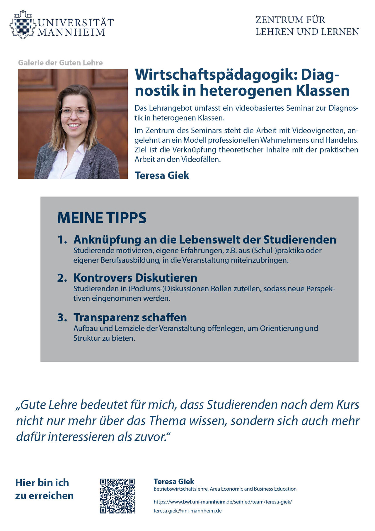 Poster der Galerie der Guten Lehre 2025 von Teresa Giek zum Thema "Wirtschaftspädagogik: Diagnostik in heterogenen Klassen"