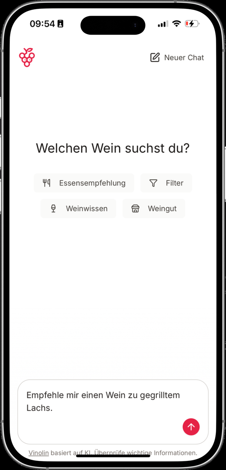 Darstellung eines Handys, auf dem Vinolin nach einer Empfehlung gefragt wird.