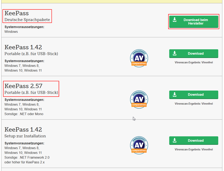 Hier wird der Download von KeePass in Deutscher Sprache oder KeePass portable abgebildet