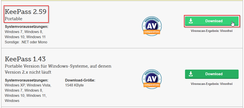 Hier wird der Download von KeePass in Deutscher Sprache oder KeePass portable abgebildet