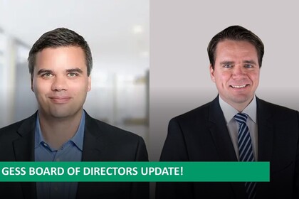 Side-by-side images of two men in black business coats. On the left, Prof. Rothe wears a blue shirt; on the right, Professor Höhle wears a white shirt with a dark and light blue striped tie. Both have dark brown hair. At the bottom is a green banner with the text “GESS board of directors update”.