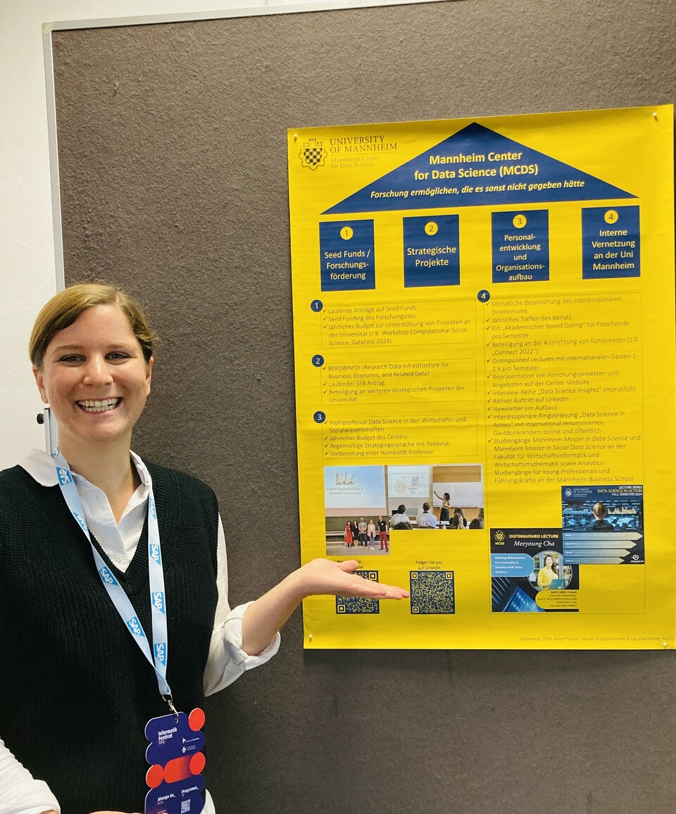 Lea Oberländer steht neben einer Stellwand, auf der das Poster des MCDS hängt. 