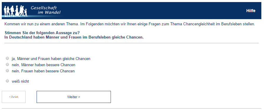 Screenshot des Fragebogens von Gesellschaft im Wandel. Frage: Stimmen Sie den folgenden Aussagen zu? In Deutschland haben Männer und Frauen im Berufsleben gleiche Chancen. Antwortoptionen: ja, Männer und Frauen haben gleiche Chancen. nein, Männder haben bessere Chancen. nein, Frauen haben bessere Chancen
