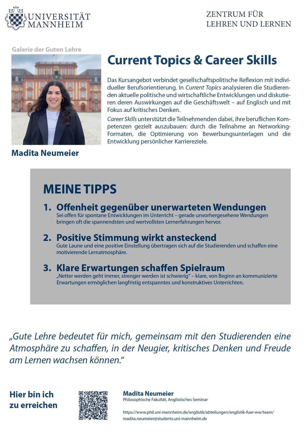 Poster der Galerie der Guten Lehre 2025 von Madita Neumeier zum Thema "Current Topics & Career Skills" zum Thema "Current Topics & Career Skills"