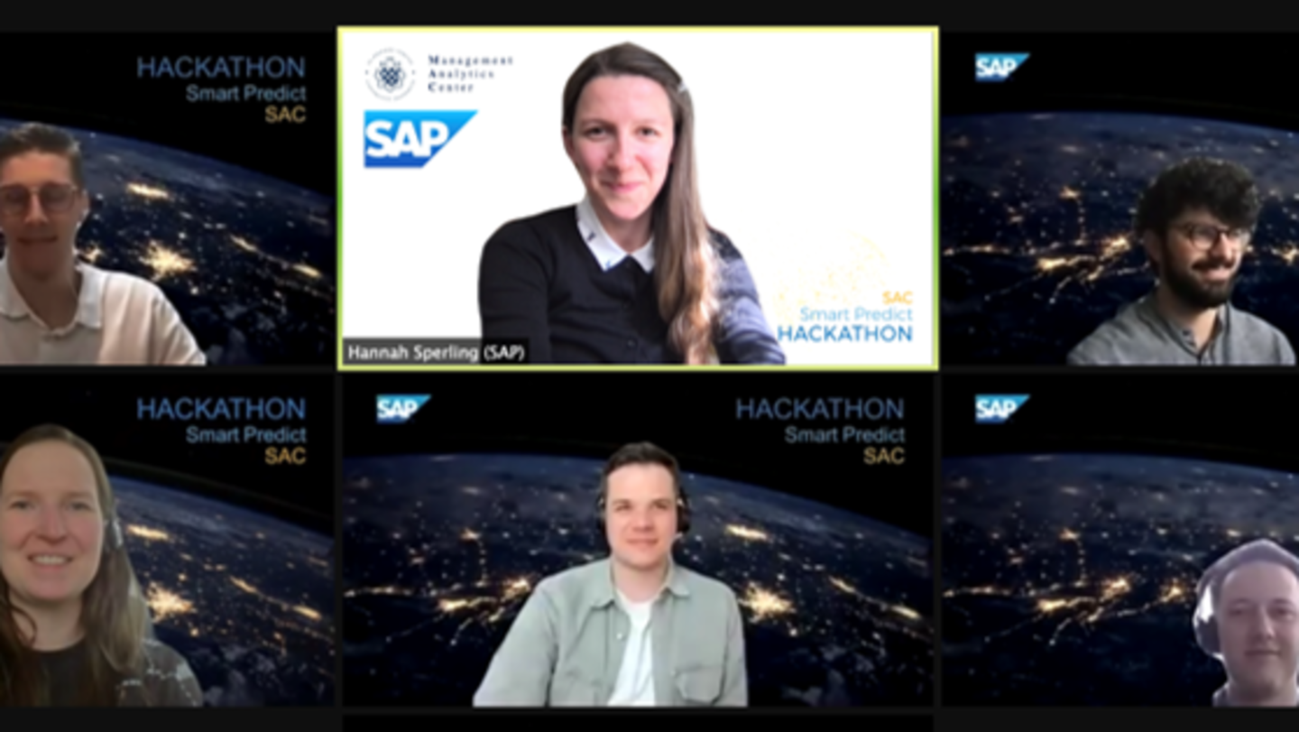Screenshot von Online Meeting. Seh Kackeln mit Personen und SAP-Logos