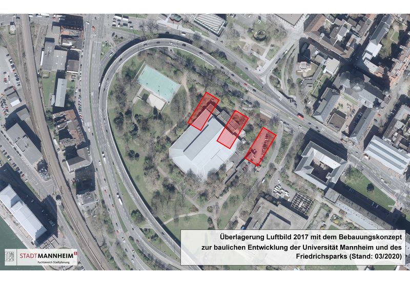 Luftbild des Friedrichparks 2017 mit eingezeichneter Darstellung der geplanten Gebäude, insgesamt 3. 