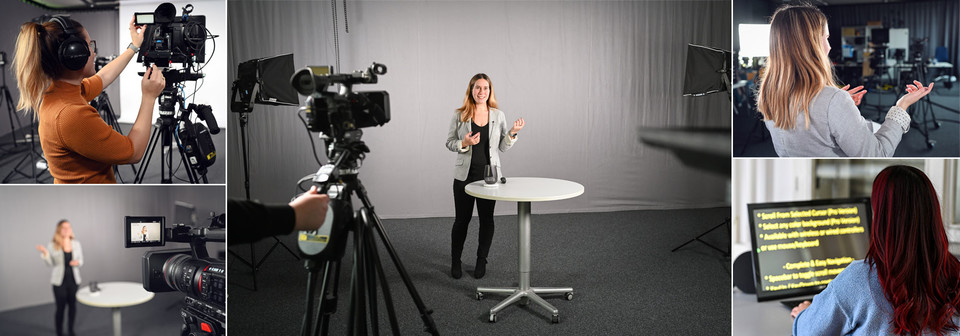 Eine Collage aus Fotos, die das Videostudio der Universität Mannheim zeigen. Diverses Equipment, wie ein Teleprompter und Kameras, wird verwendet.