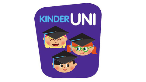 Logo der Kinderuni. Drei Kinderköpfe in Clipart tragen einen Doktorhut. Über ihnen steht in blau das Wort "Kinder" und in weiß das Wort "Uni" auf lila farbenem Hintergrund.