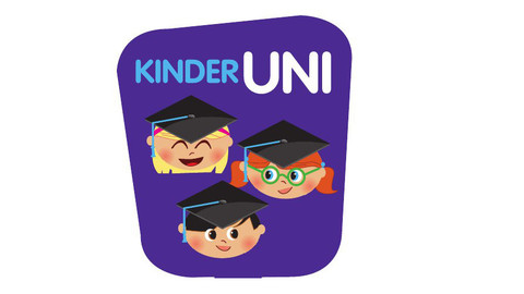 Logo der Kinderuni. Drei Kinderköpfe in Clipart tragen einen Doktorhut. Über ihnen steht in blau das Wort "Kinder" und in weiß das Wort "Uni" auf lila farbenem Hintergrund.