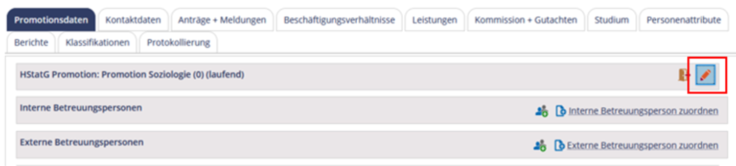 Screenshot aus DOC auf dem der Reiter "Promotionsdaten" zu sehen ist und das Bleistiftsymbol zum Öffnen des Fensters "Daten zur Promotion" rot markiert ist.