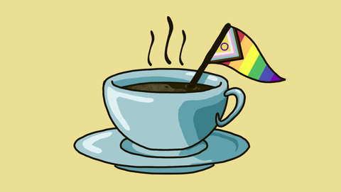 Zeichnung einer Kaffeetasse. Aus der Tasse schaut eine kleine LSBT*QIA+-Flagge.