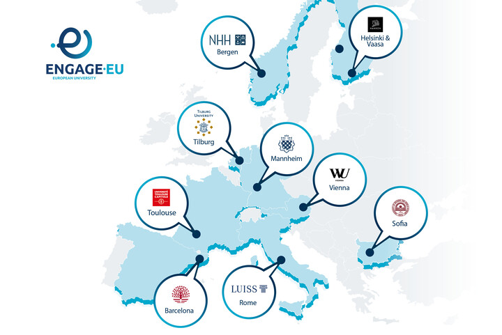Karte von ENGAGE.EU mit neun eingezeichneten Partner-Universitäten in Bergen, Helsinki, Tilburg, Wien, Sofia, Barcelona, Rom, Toulouse und Mannheim. 