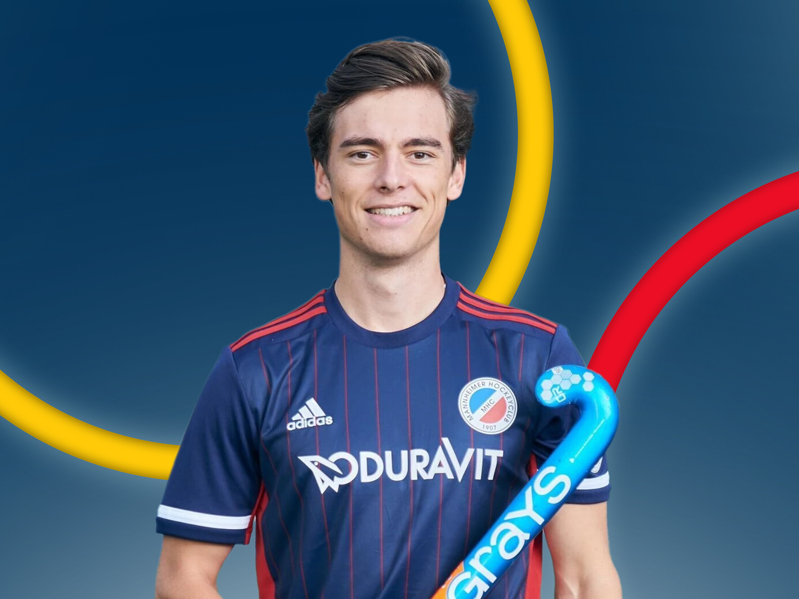 Student und Hockeyspieler Raphael Hartkopf mit seinem Hockeyschläger.