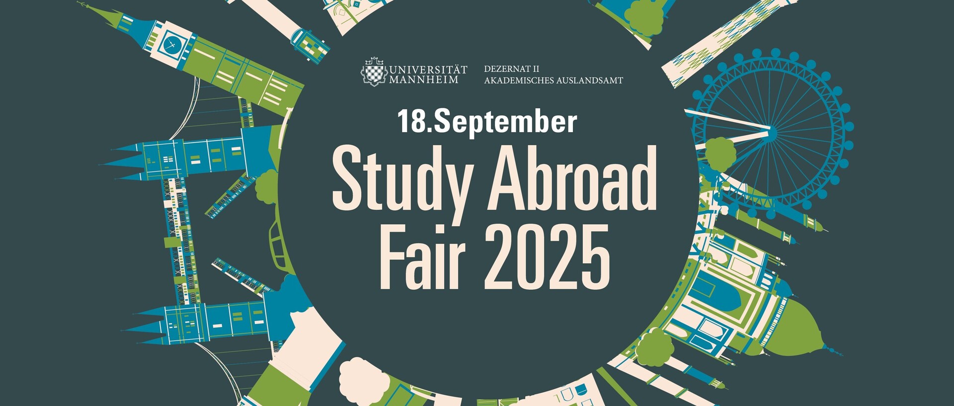 Kreisrundes Logo mit verschiedenen Sehenswürdigkeiten. In der Mitte steht "Study Abroad Fair"