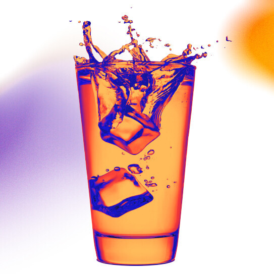 Bunte Grafiik: Ein Glas gefüllt mit Eiswürfeln, Orangenscheiben, Minzblättern und einem Strohhalm