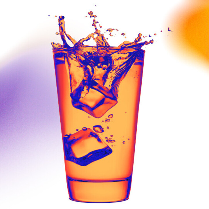 Bunte Grafiik: Ein Glas gefüllt mit Eiswürfeln, Orangenscheiben, Minzblättern und einem Strohhalm