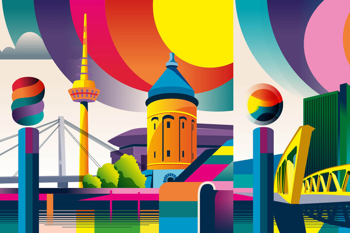 Bunte, abstrakte Illustration bekannter Wahrzeichen Mannheims.