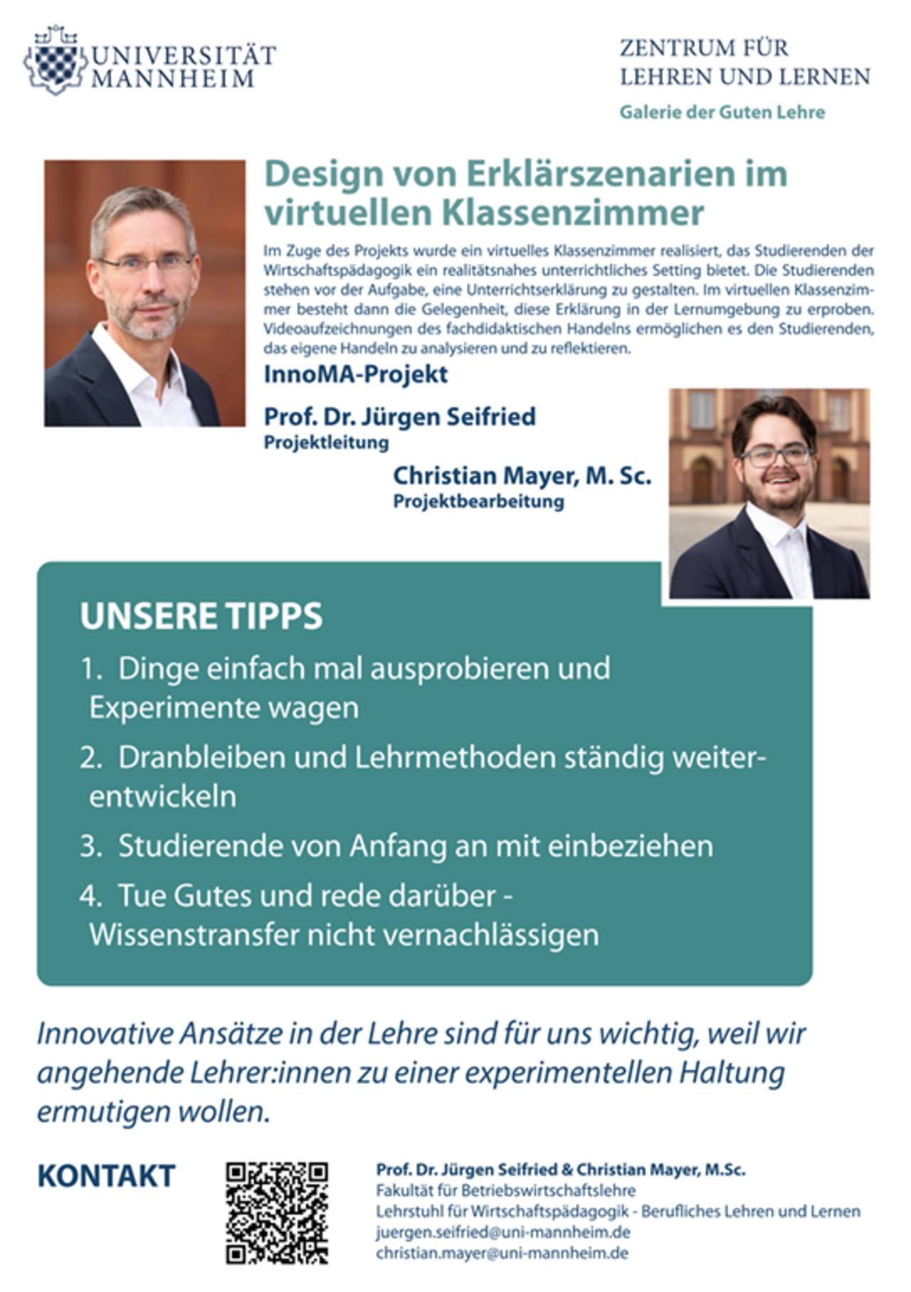 Poster des Projektes Design von Erklärszenarien im virtuellen Klassenzimmer von Professor Doktor Jürgen Seifried und Christian Mayer.