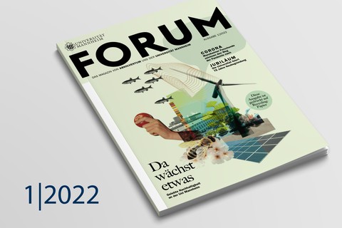 Hellgrünes Cover des FORUM-Magazins 1 | 2022 mit Collage aus Biene an Blume, Windrad, Solarpanels und dem Mannheimer Schloss im Hintergrund. Titel: "Da wächst etwas".