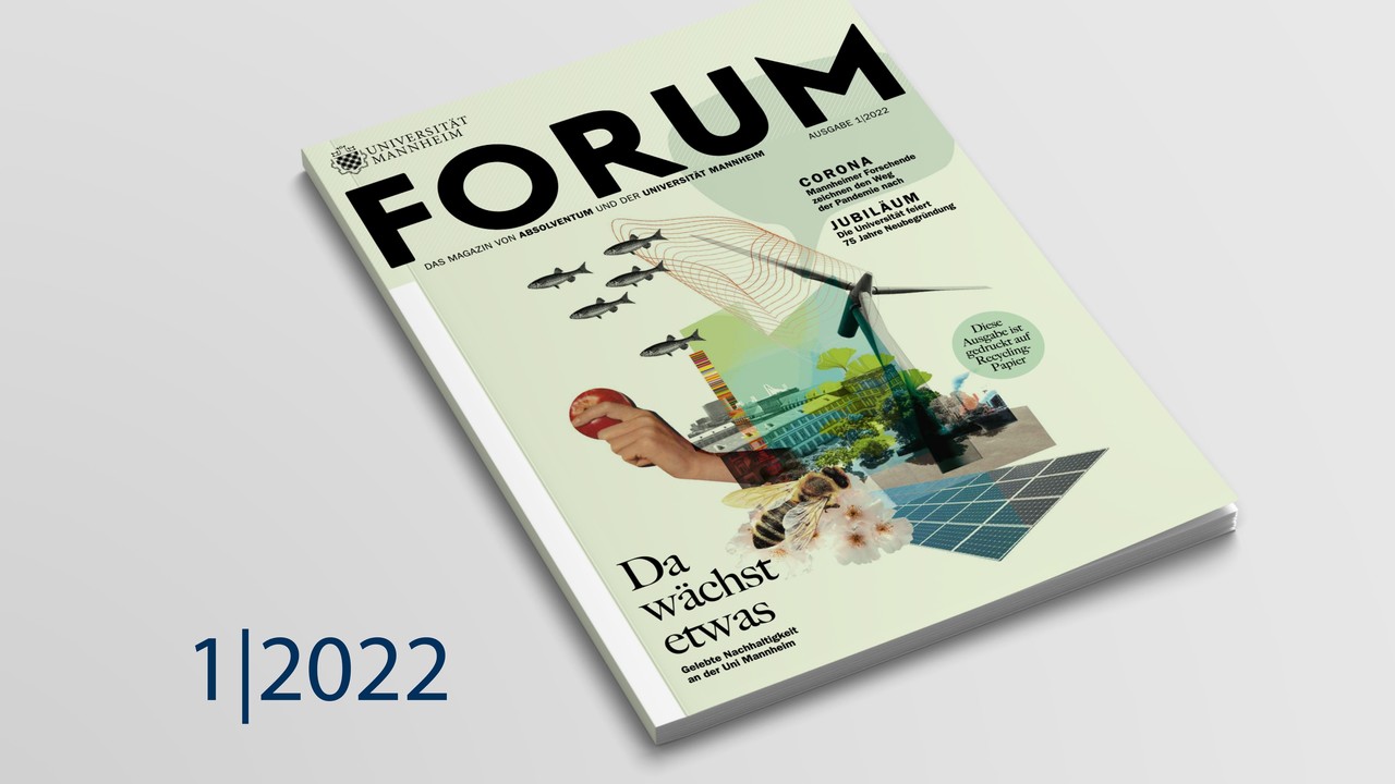 Hellgrünes Cover des FORUM-Magazins 1 | 2022 mit Collage aus Biene an Blume, Windrad, Solarpanels und dem Mannheimer Schloss im Hintergrund. Titel: "Da wächst etwas".