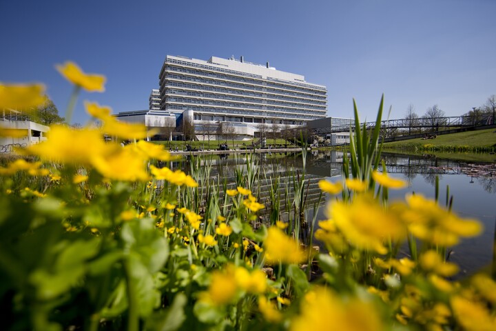 Gebäude mit Blumen im Vordergrund auf dem Stuttgarter Campus