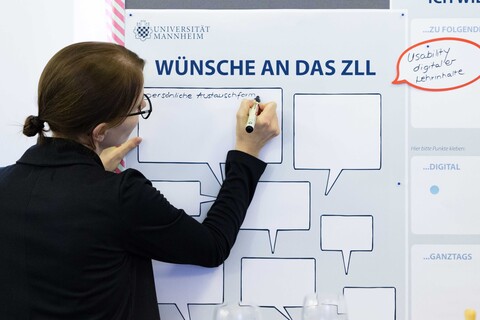 Person schreibt an eine Tafel mit der Aufschrift Wünsche an das ZLL.