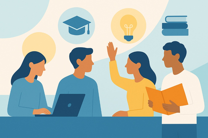 Eine Grafik, die verschiedene Personen an einem Tisch darstellt. Manche halten einen Ordner, andere arbeiten an einem Laptop. Über den Personen sind Icons in Form von Glühbirnen, Büchern und einem Doktorhut.