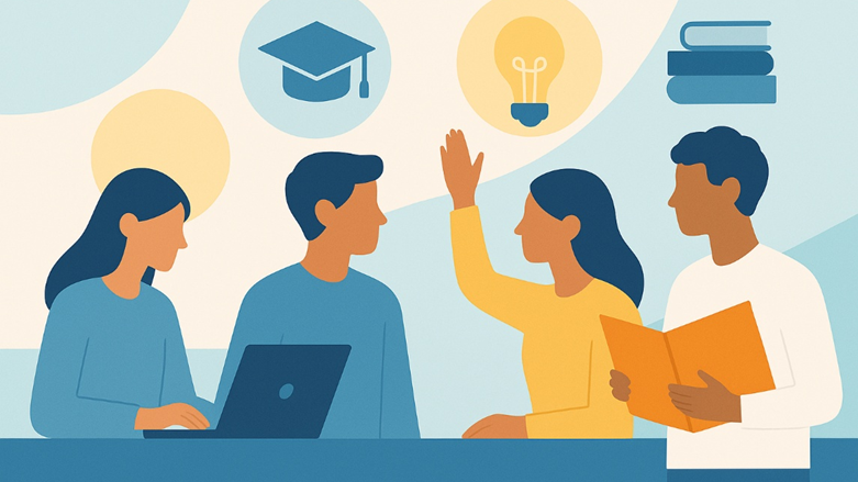 Eine Grafik, die verschiedene Personen an einem Tisch darstellt. Manche halten einen Ordner, andere arbeiten an einem Laptop. Über den Personen sind Icons in Form von Glühbirnen, Büchern und einem Doktorhut.