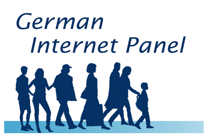 Logo des German Internet Panels. Es zeigt die Siluette von 7 Personen in blau, die nach rechts laufen. Darüber steht "German Internet Panel"