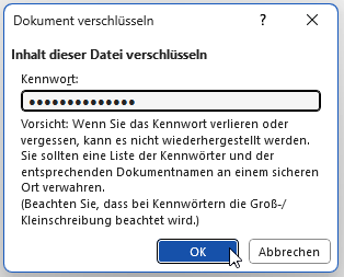 Screenshort zur Eingabe des Kennworts zur Dokumentenverschlüsselung