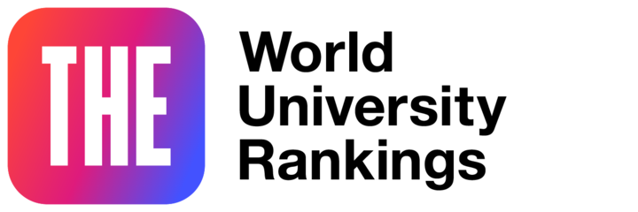 Das Logo des THE World University Rankings besteht aus schwarzer Schrift und einem weißen "THE" auf rot und lila Grund.