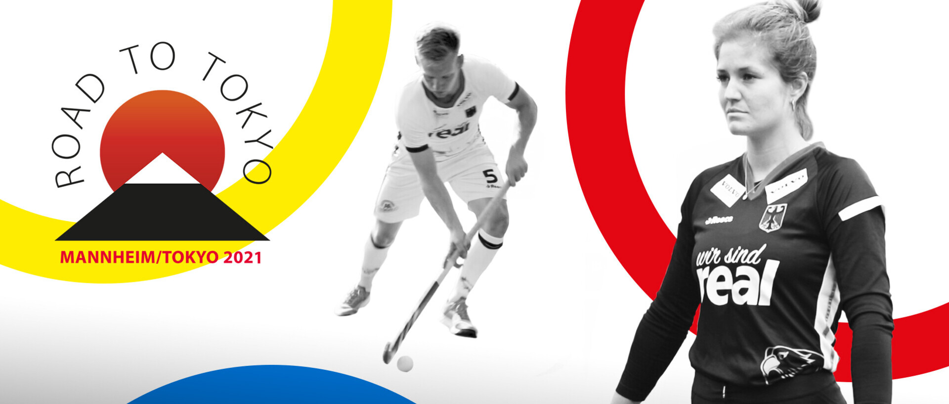Schwarz - Weißes Bild mit drei bunten Olympiaringen an den Rändern des Bildes. Auf der rechten Seite Frau und in der Mitte Mann mit Sportoutfit und Hockeyschläger in der Hand. Oben links Logo mit Aufschrift "Road to Tokyo - Mannheim/Tokyo 2021".