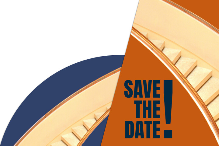 Schriftzug: Save the Date auf orange-blauem Hintergrund mit zwei nach oben führenden Treppen.