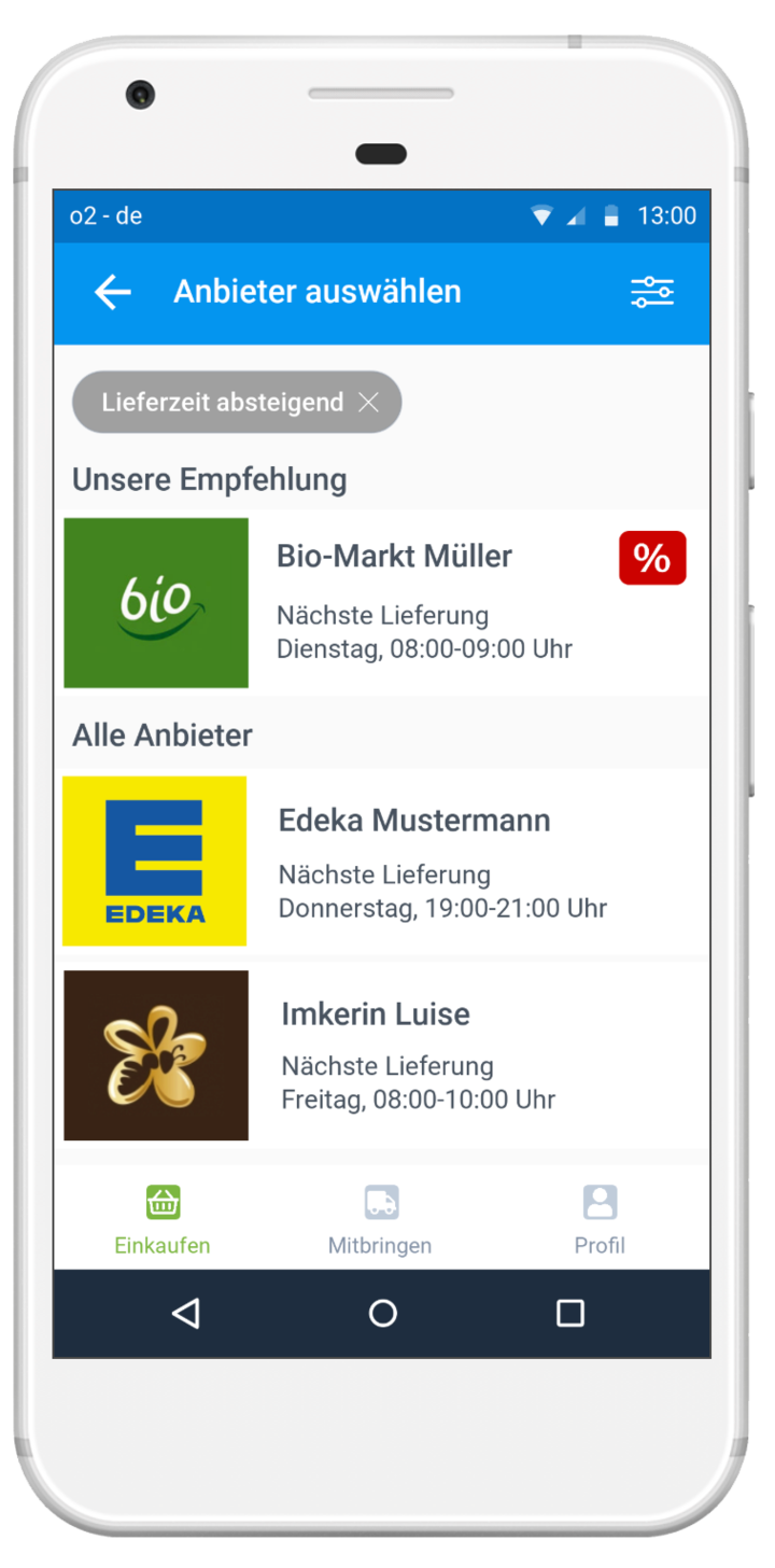 Ein Smartphone auf dem eine App geöffnet ist, die verschiedene Anbieter mit Lieferzeiten anzeigt.
