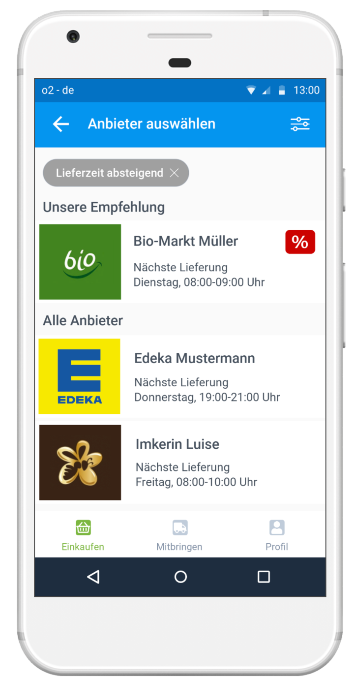 Ein Smartphone auf dem eine App geöffnet ist, die verschiedene Anbieter mit Lieferzeiten anzeigt.