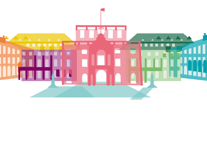 Graphic of Schloss Mannheim, composed of many colorful, differently colored building blocks.