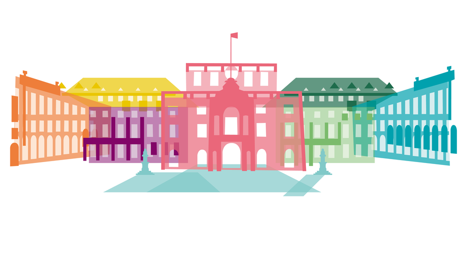 Graphic of Schloss Mannheim, composed of many colorful, differently colored building blocks.