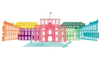 Graphic of Schloss Mannheim, composed of many colorful, differently colored building blocks.