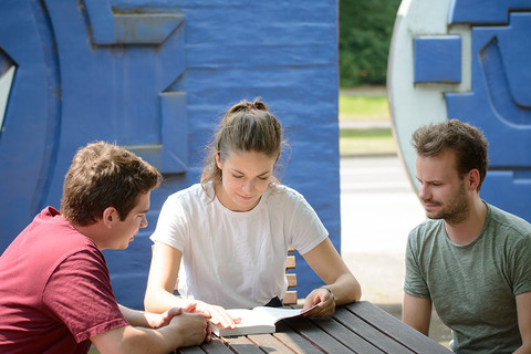 Drei Studierende lernen draußen zusammen an einem Tisch