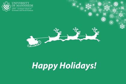 Green holiday card with white school logo top left, white outline of Santa’s sleigh with three reindeer upper center, “Happy Holidays” below, white snowflakes top right and lower left.